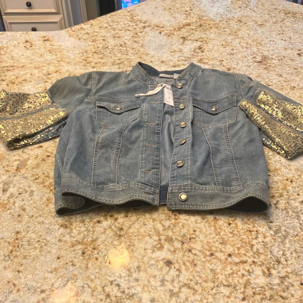 CHICOS Platinum denim jacket with gold embellished sleeves